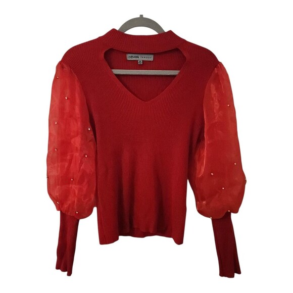 Absolutely Famous Sweaters - Almost Famous Sweater Womens M Red Cutout Sheer Puff Sleeve Rhinestone Top
